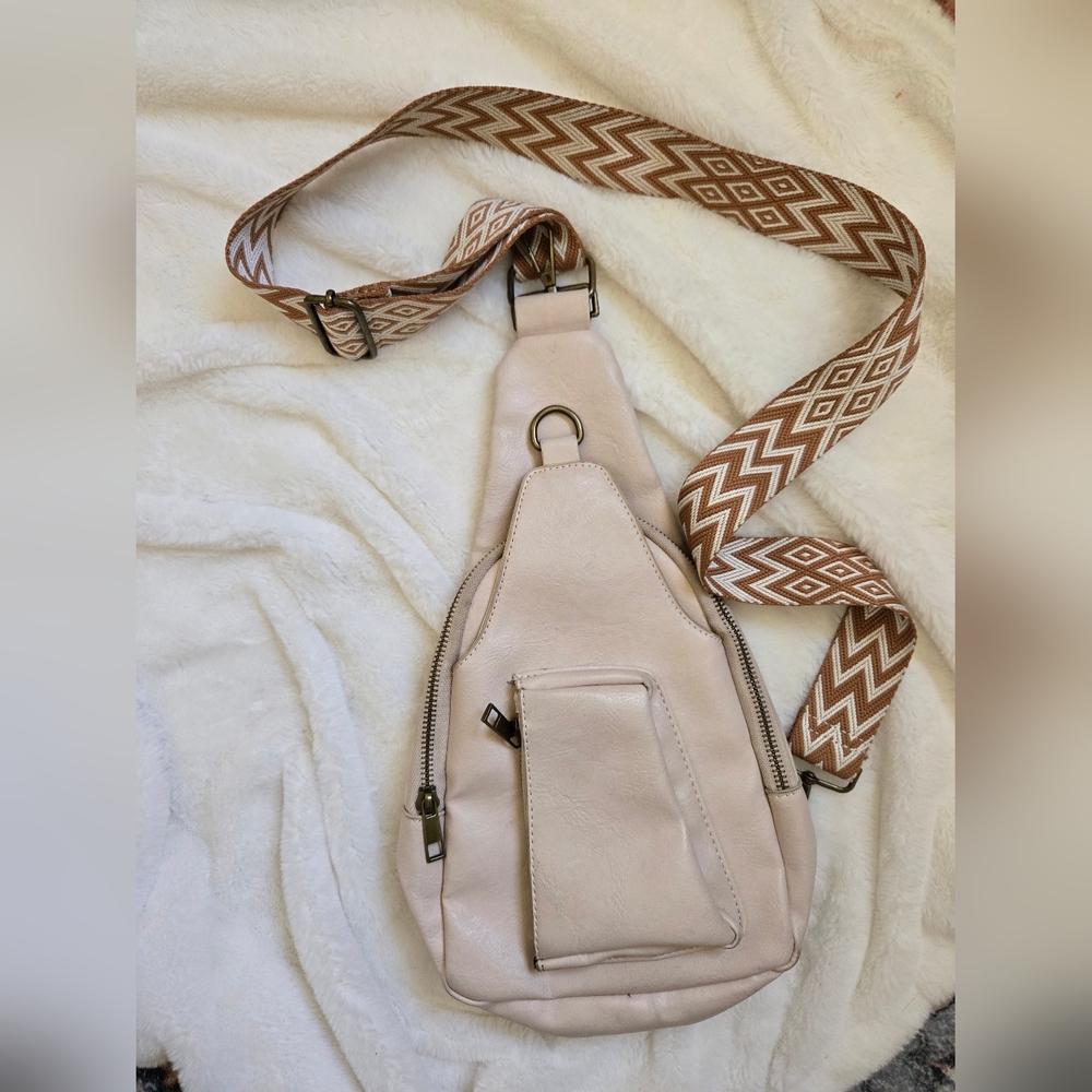 Cream Faux Leather Casual Sling Bag with Patterned Strap